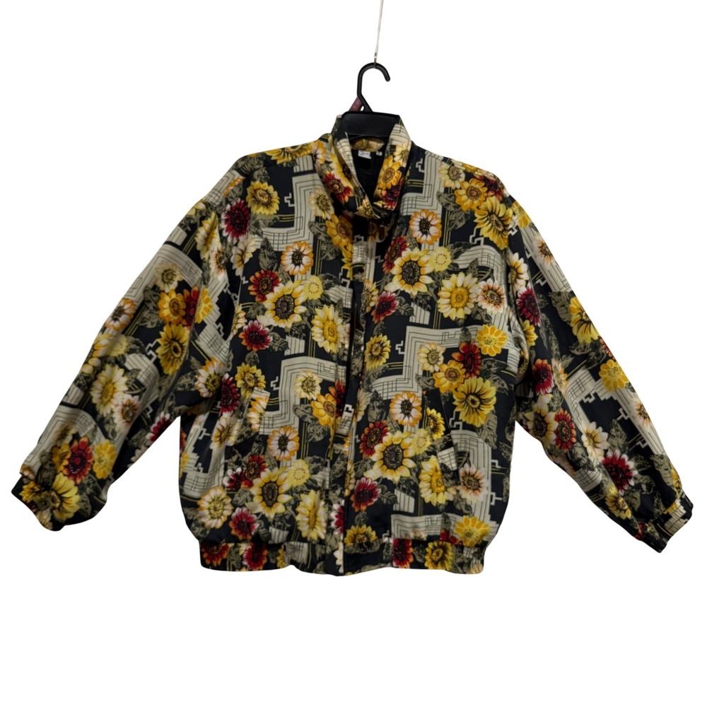 Vintage 90s 100% Silk Sunflower Bomber Jacket Floral Artsy XL cottage core Y2K